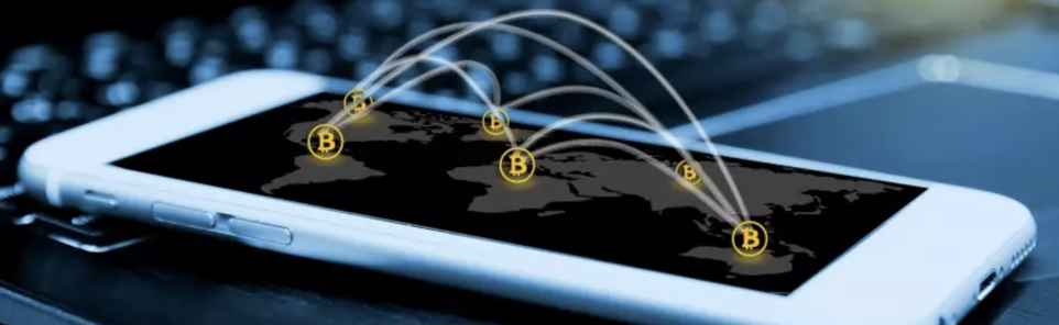 Mobile phone indicating bitcoin movement across the globe