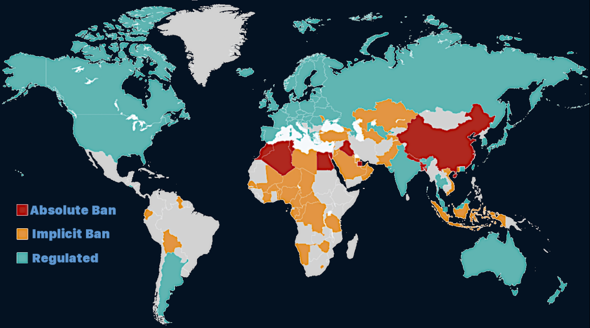 A map displaying crypto legality and bans around the world.