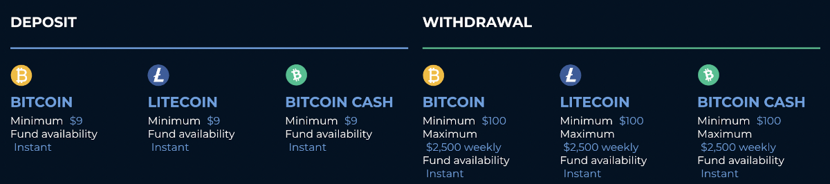 Crypto deposit and withdrawal methods at Punt Casino.
