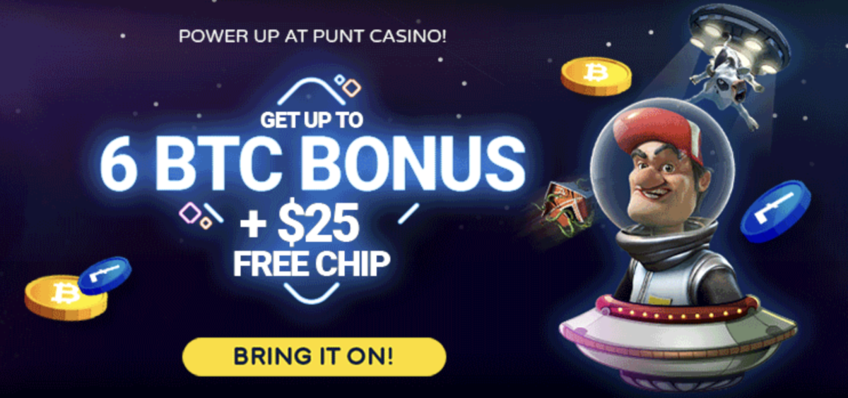 The Punt Casino Welcome Package offers up to 6 BTC in bonus funds and 100 free spins across the first 3 deposits.