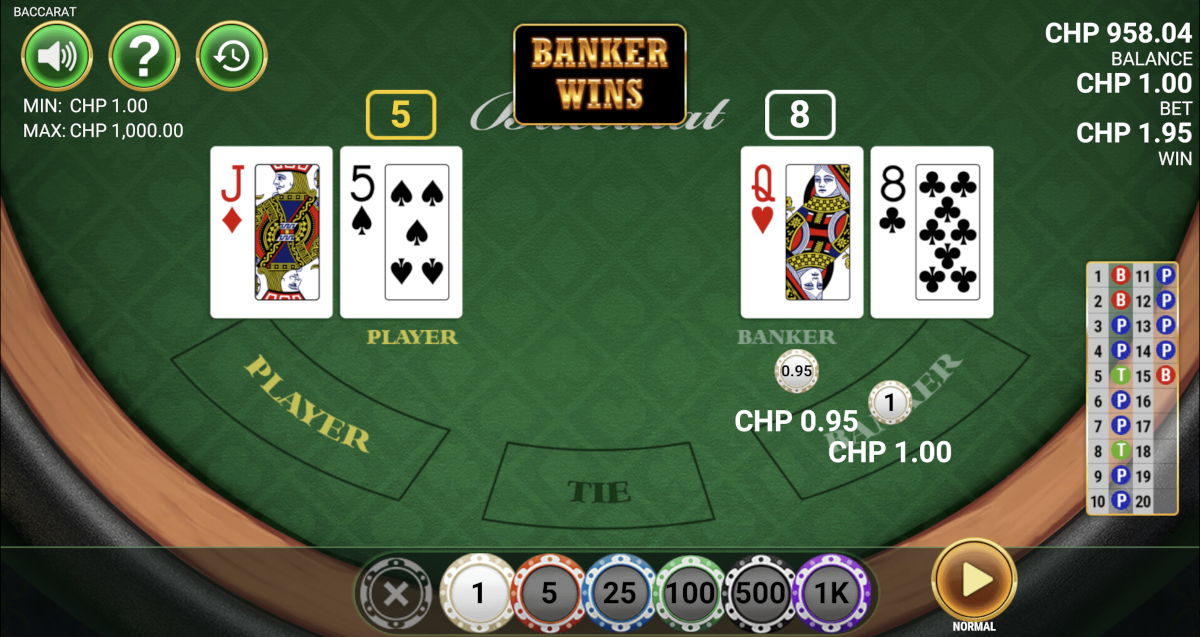 A winning Banker bet in Baccarat from Reevo at Punt Casino.