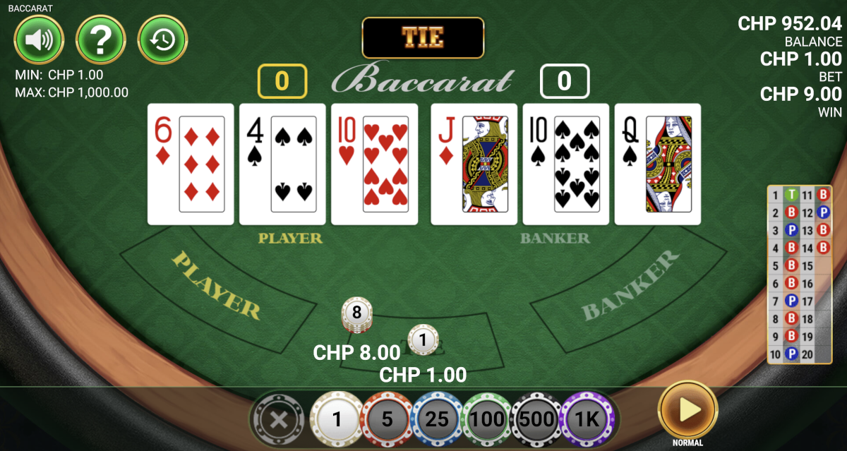 Example of a winning Tie bet in Baccarat from Reevo at Punt Casino.