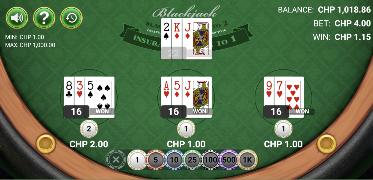Blackjack from Reevo can be played at Punt Casino and allows the player to bet on multiple hands.