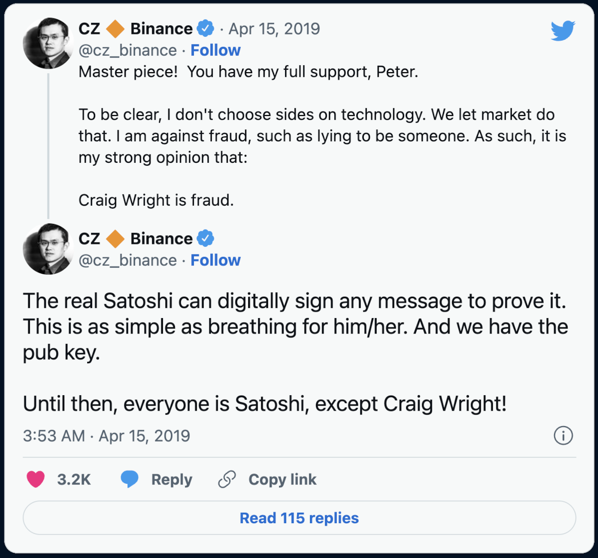 CZ Twitter post commenting on Craig Wright's claims as the founder of Bitcoin, Satoshi Nakamoto.