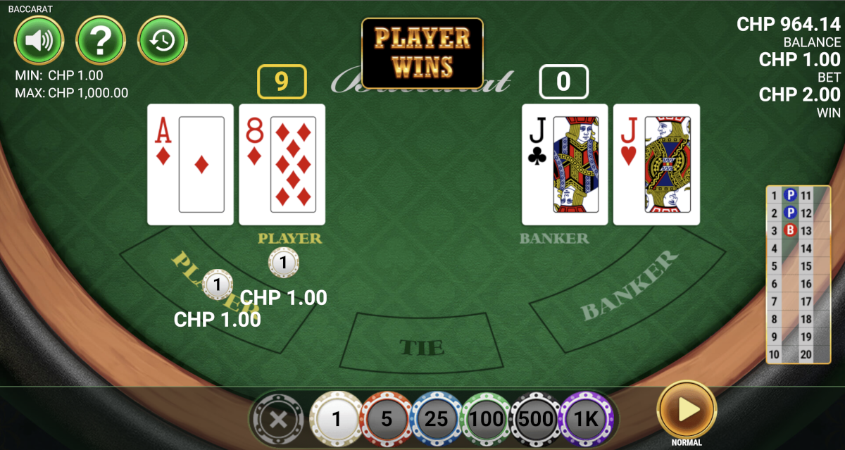 A winning hand for the player baccarat betting options in Baccarat from Reevo at Punt Casino.