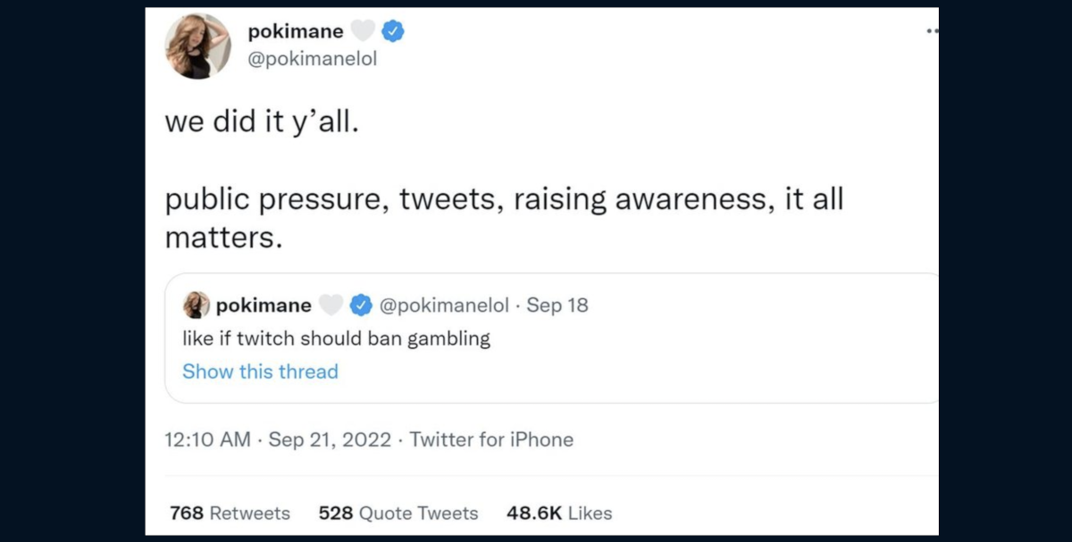 A tweet from a popular Twitch streamer advocating for the ban of casino content on Twitch.