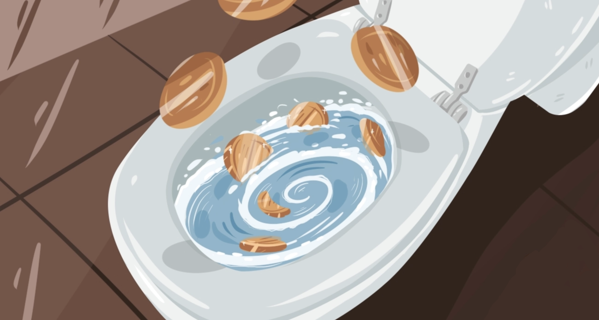 Shitcoins image depicting crypto coins flushing down the toilet.