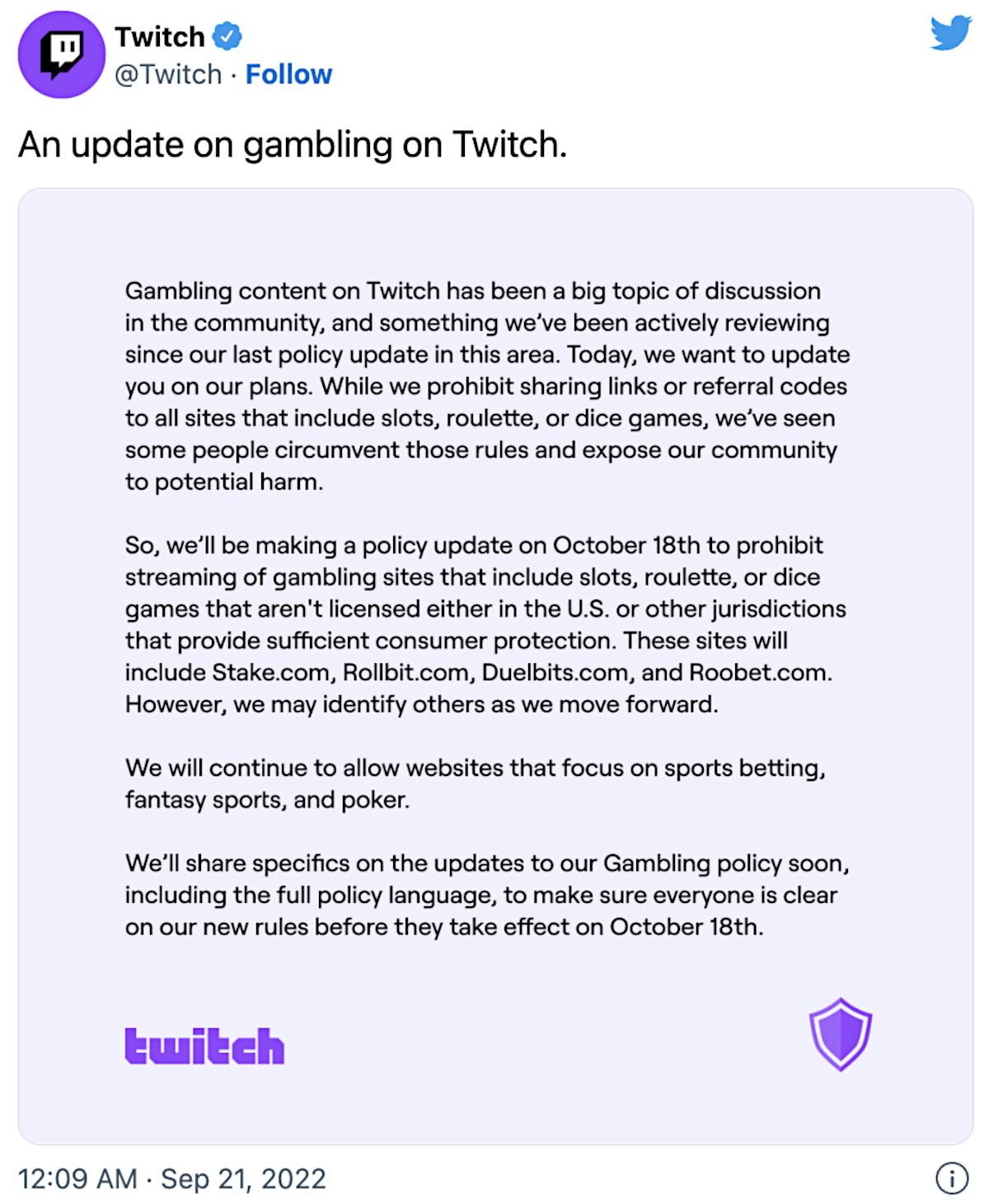 Official Twitter anouncement stating that Twitch will ban casino-related content on the streaming platform.
