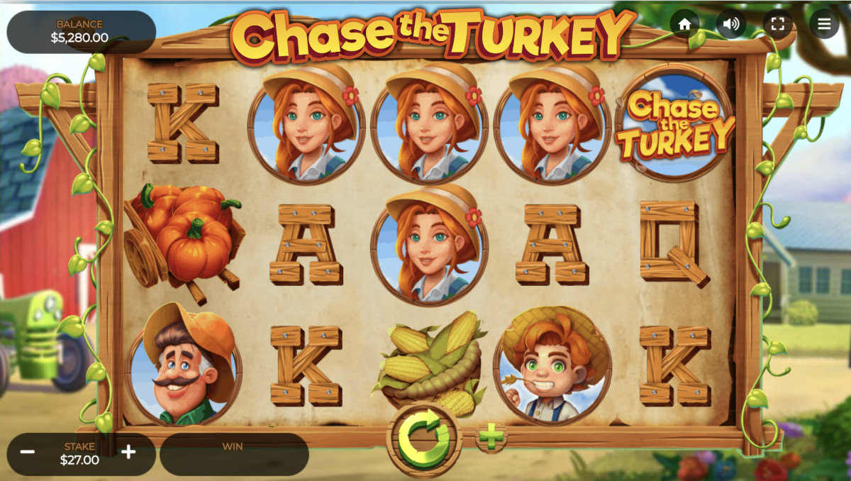 The 5 reels of Chase the Turkey slot from Dragon Gaming at Punt Casino.