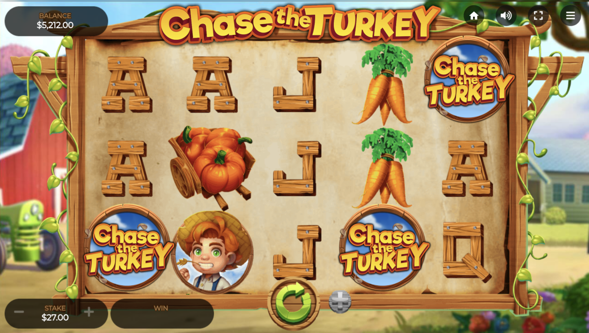 Landing 3 scatter symbols in Chase the Turkey slot from Dragon Gaming will trigger 12 free spins.