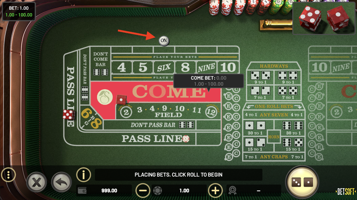 Playing the Come bet in Craps from Betsoft at Punt Casino.