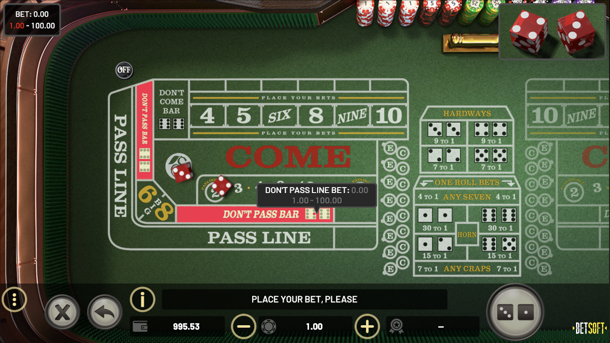 The Don't Pass Bar in Craps from Betsoft at Punt Casino.