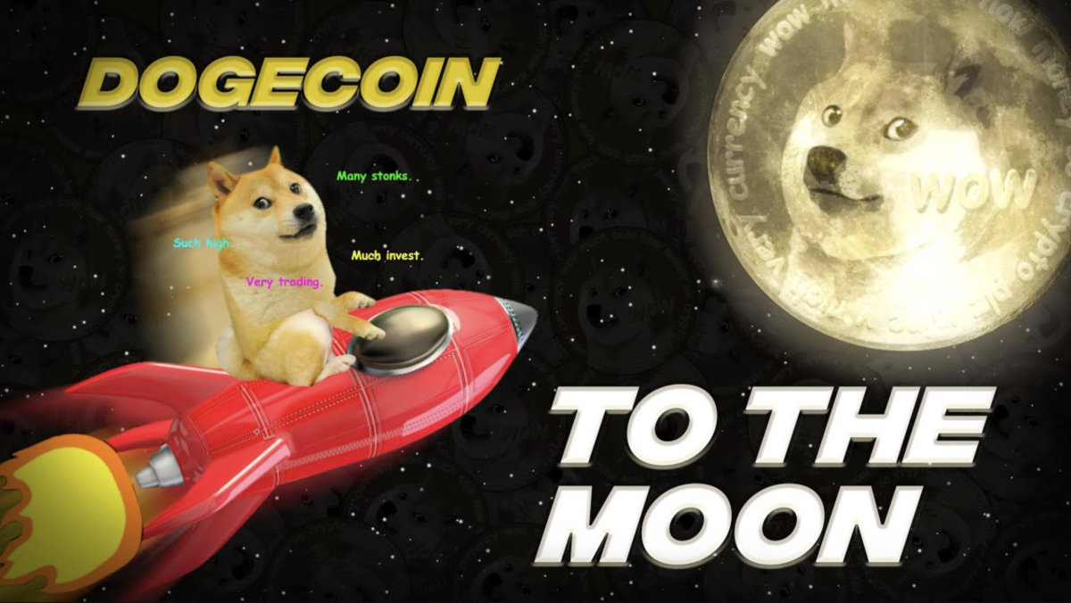 Dogecoin meme featuring Shiba Inu dog with the phrase "to the moon".