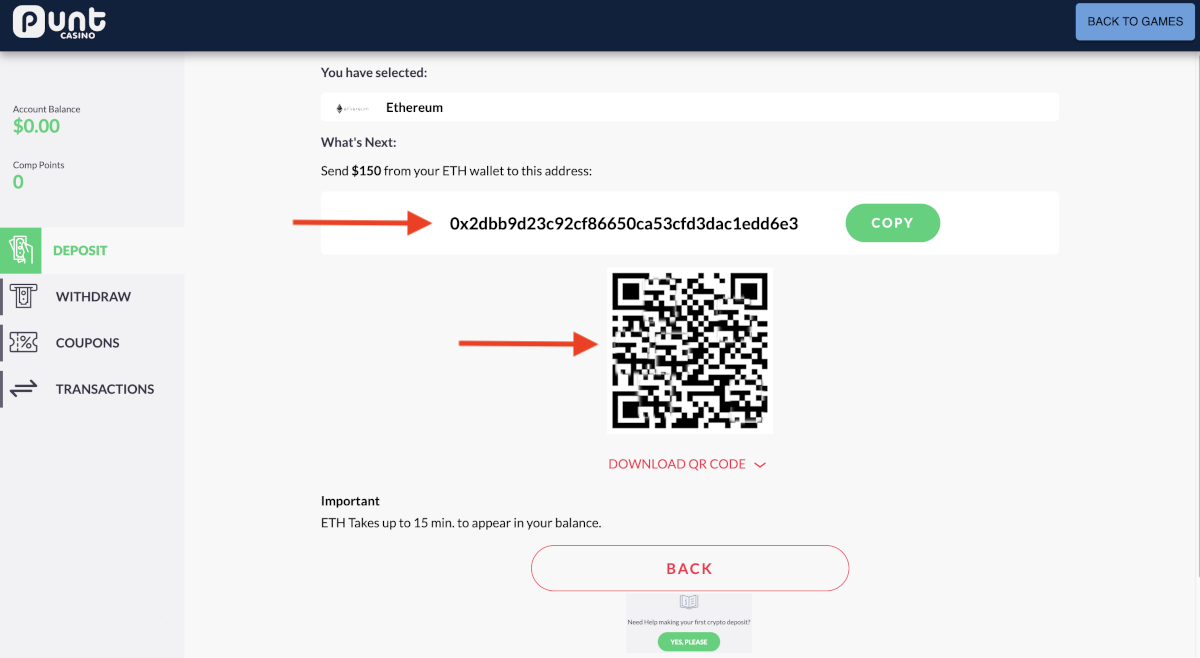 Making an ETH casino deposit at Punt Casino using a crypto deposit address or a QR code.