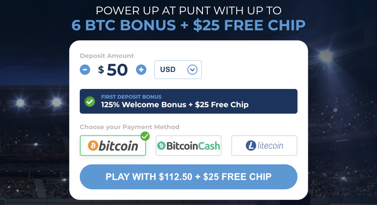 Quick and easy signup at Punt Casino with a 6 BTC and $25 Free Chip Welcome Package.