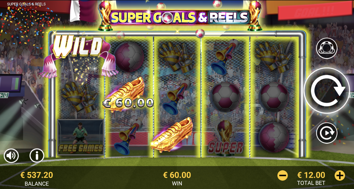 Super Goals and Reels wild symbol on a payline at Punt Casino.