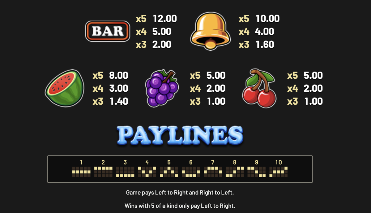The game menu for Wilds of Fortune slot from Betosft has 10 fixed paylines, so you can't decide how many paylines to play.