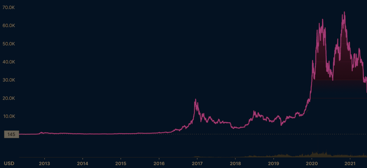The Bitcoin price history.