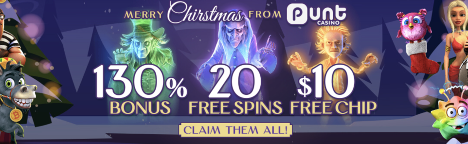 Get a bonus, free spins, and cashback this Christmas at Punt Casino.