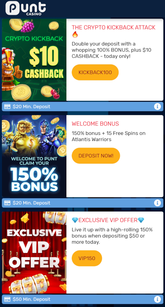 Some of the crypto casino bonuses available at Punt mobile.
