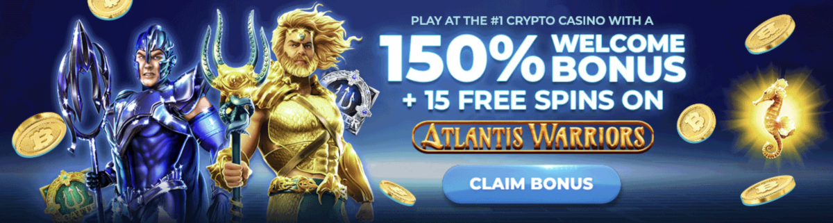 The Punt Casino Welcome Package offers a 150% bonus and 15 free spins on Atlantis Warriors slot with the first deposit.