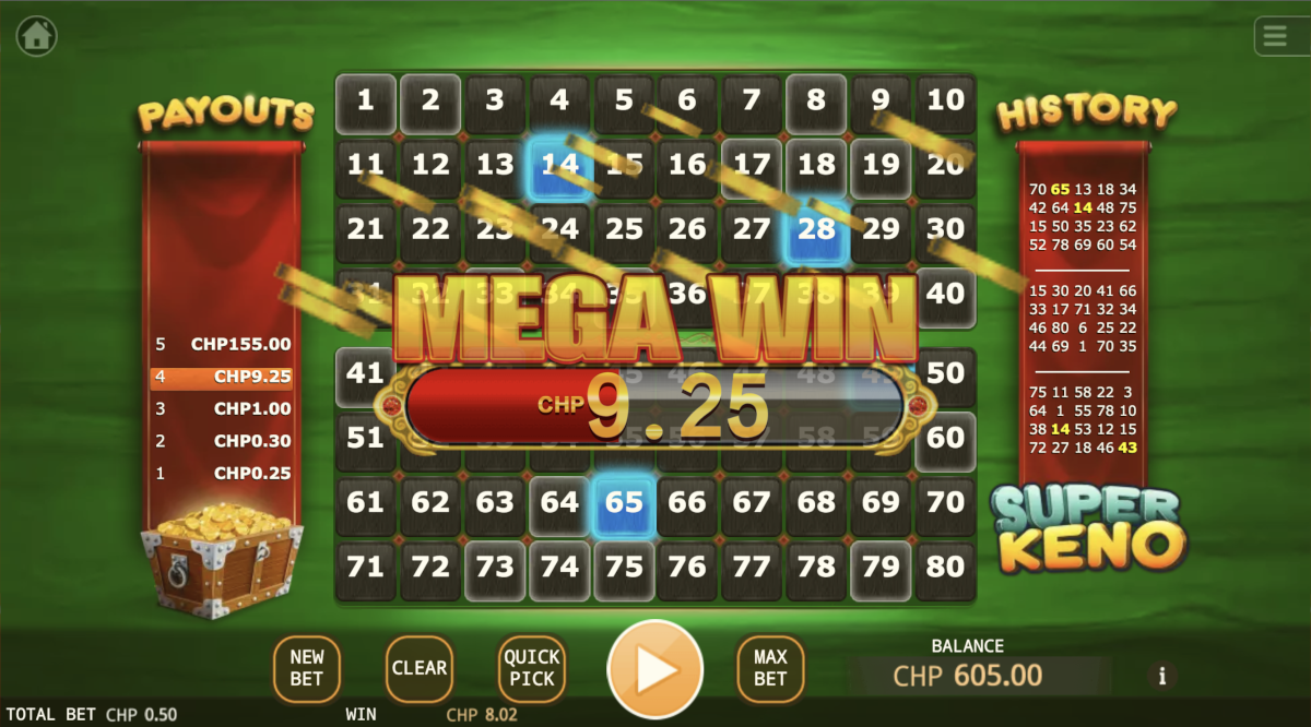 Big multiplier win on Super Keno from KA Gaming at Punt Casino.