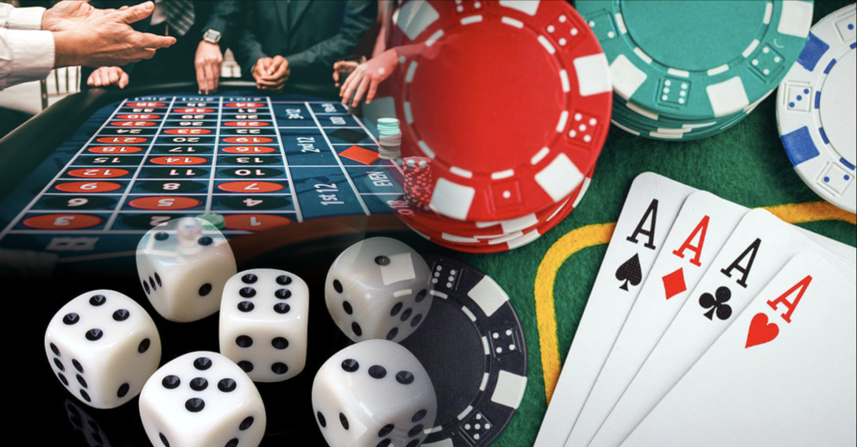 An image depicting dice, chips, and cards used for playing casino table games.