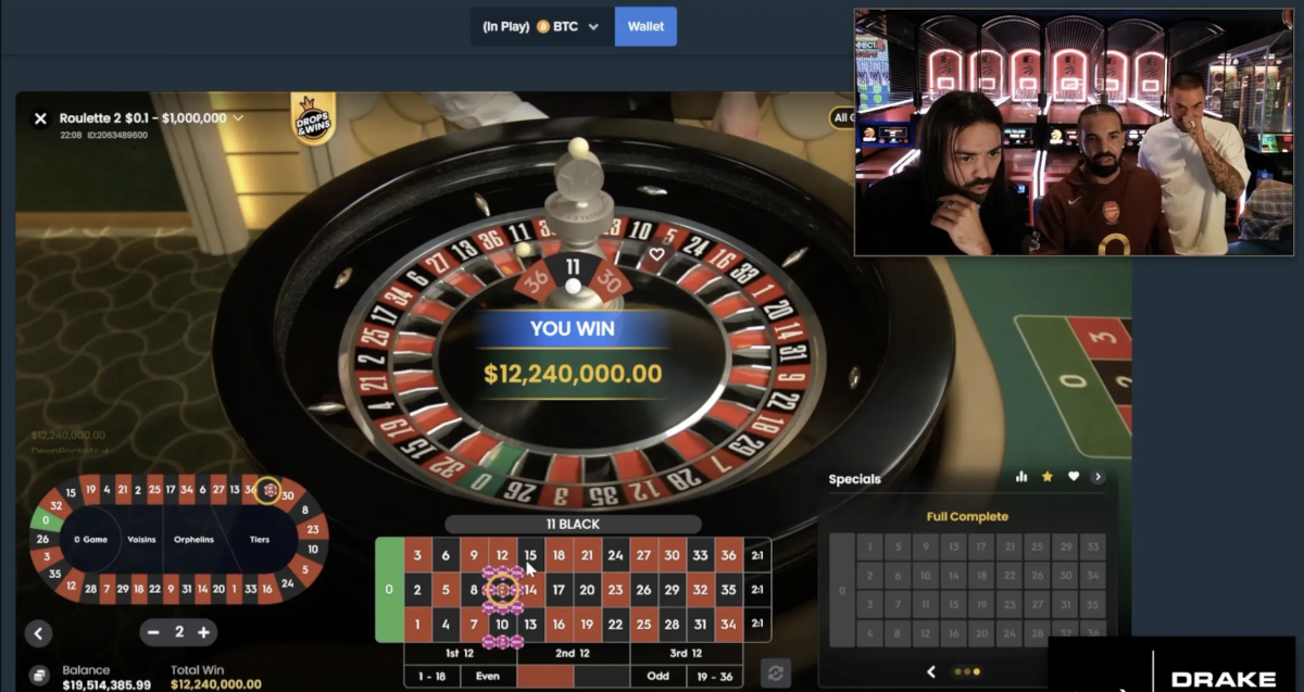 Drake streaming a live roulette game on Twitch.