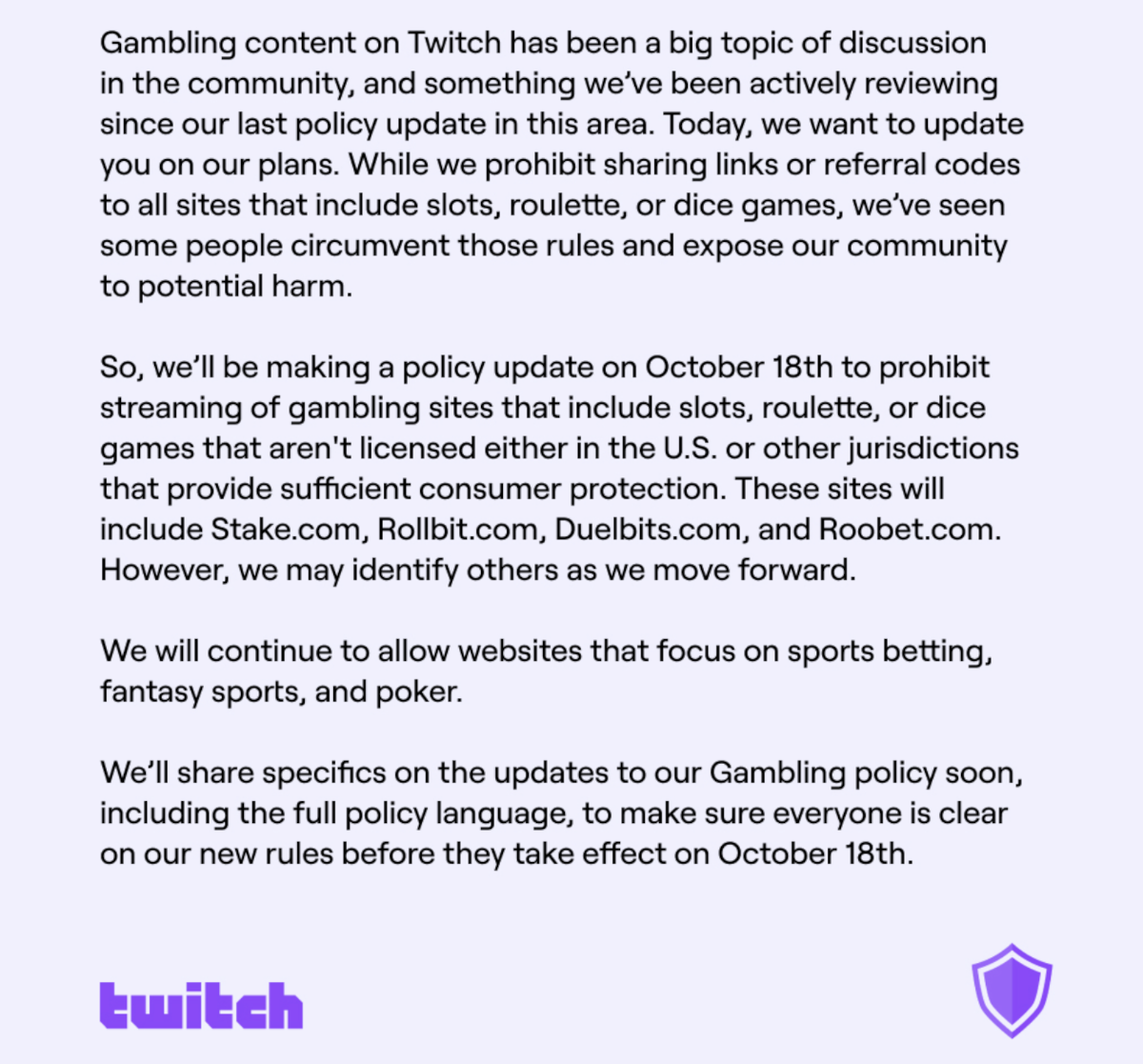 Official notice from Twitch about the ban on slots and other gambling-related activities.