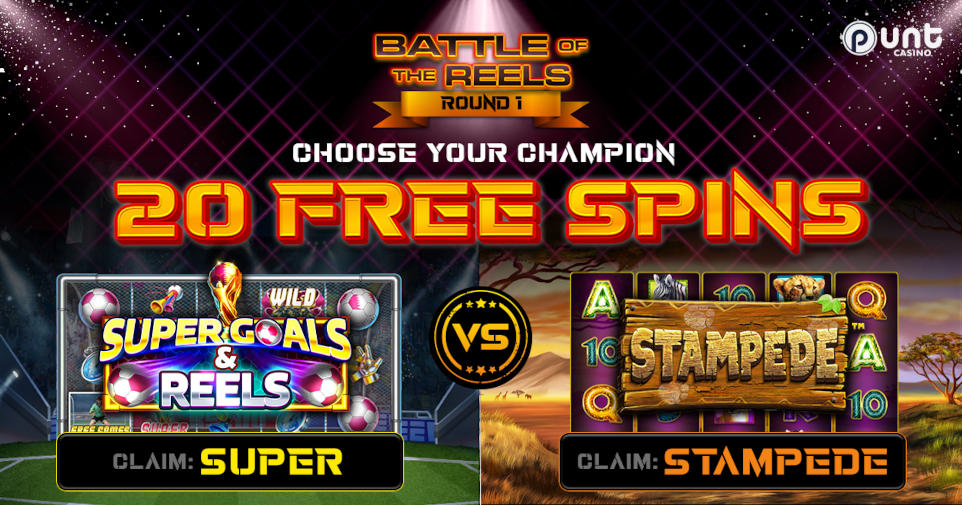Battle of the Reels Round 1 at Punt Casino sees Super Goals & Reels slot from Reevo take on Stampede slot from Betsoft with 20 free spins available to claim in each game.