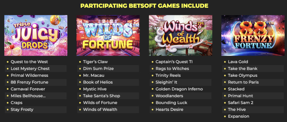 Participating games for the Betsoft Cash Race at Punt Casino.
