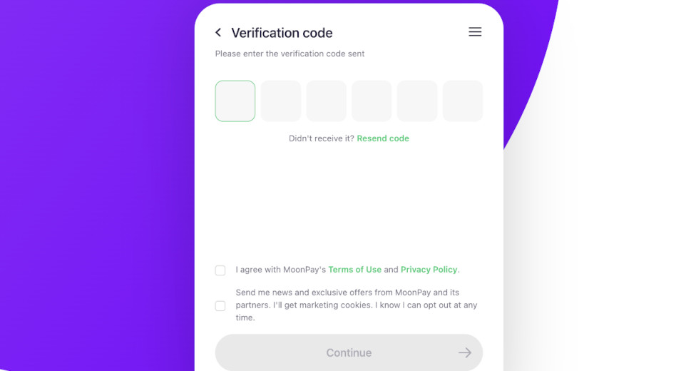 MoonPay verification code for buying crypto online.