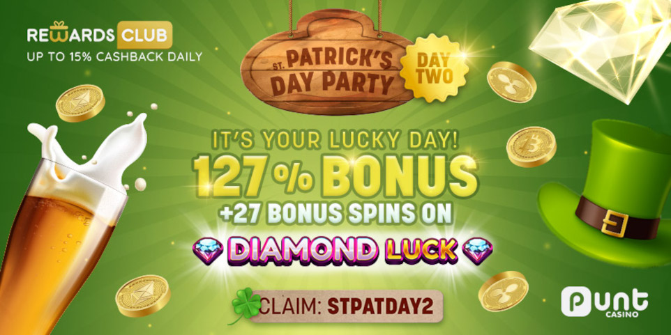 Day 2 of the St. Patrick's Day Party at Punt offers a 127% bonus and 27 free spins in Diamond Luck slot from Reevo.